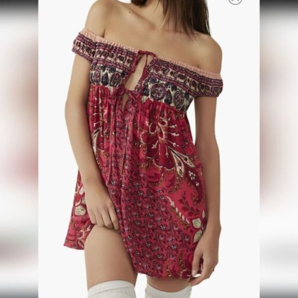 NWT Free People Bali Mariposa Off the Shoulder Babydoll Mini Dress